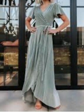 Baltic Born Shimmering Sage Velvet Ribbed Wrap Dress - Medium - NWT